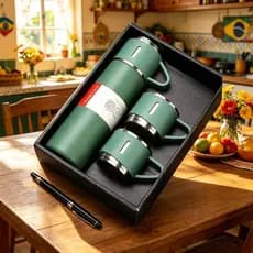 Garrafa Termica Inox Kit Presente Com 3 Xicaras Copo Premium Caixa Executiva Garrafinha De Agua Café Chá Vacuum Bottle