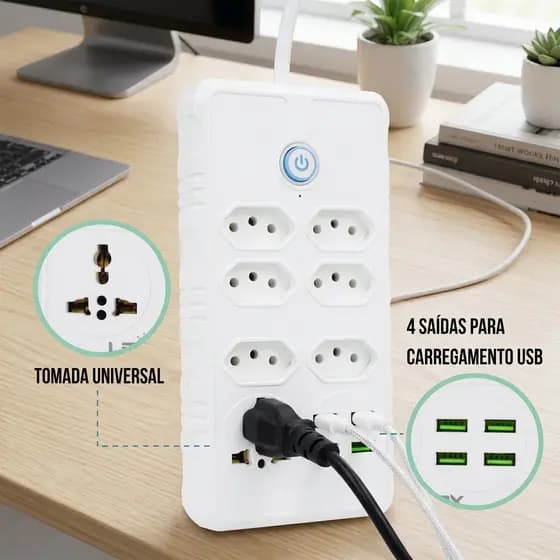 Filtro De Linha Gamer Régua 6 Tomadas E 4 USB Inteligente Bivolt Carregamento Rápido Extensão Reforçada 2m