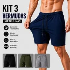 kit 3  Bermuda Tactel com Elastano Shorts Academia Treino Praia Mauricinho Corrida