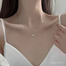 Colar de borboleta em prata esterlina S925 para mulheres, de dupla camada, luxo discreto, design exclusivo, elegante e d