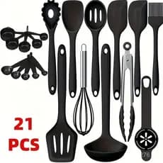 Conjunto de 10 utensílios de cozinha de silicone preto, incluindo espátula antiaderente, concha para sopa, espátula de c