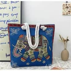 Bolsa tote bordada de estilo étnico com corda grossa de dupla face para mulheres, bolsa de ombro de lona de grande capac