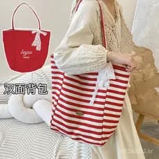 Bolsa de lona listrada, nova coleção 2024, estilo coreano, bolsa casual de ombro único, bolsa de compras de grande capac
