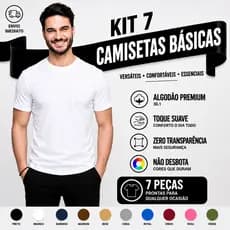 Camiseta Masculina Algodão Kit 7 Camisetas Brancas Masculinas Slim Básicas Gola Redonda Tribo