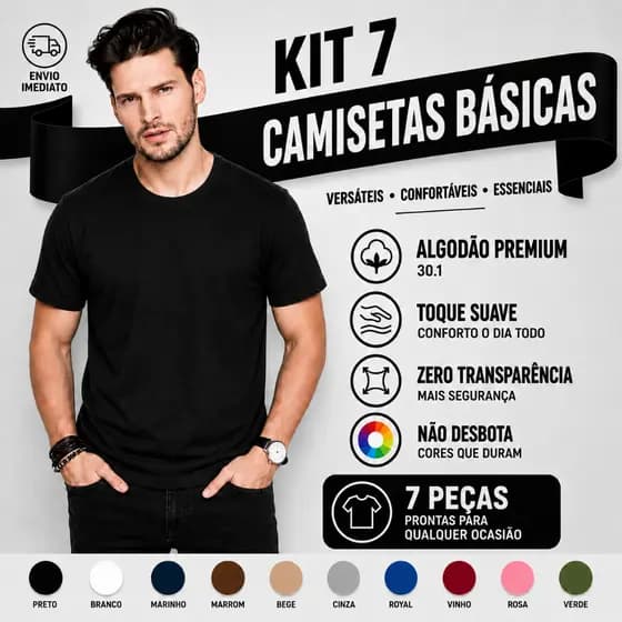 Camiseta Masculina Algodão Kit 7 Camisetas Pretas Masculinas Slim Básicas Gola Redonda 30.1 Tribo