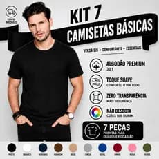 Camiseta Masculina Algodão Kit 7 Camisetas Pretas Masculinas Slim Básicas Gola Redonda 30.1 Tribo
