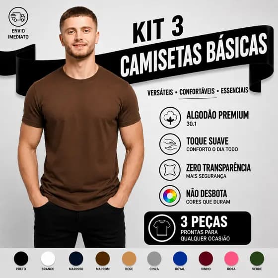 Camiseta Masculina Algodão Kit 3 Camisetas Marrom Masculinas Slim Básicas Gola Redonda Tribo