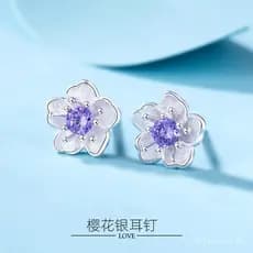 Brincos de prata pura 999, brincos de flor de cerejeira com incrustação de zircônia, design floral, fresco e delicado, e