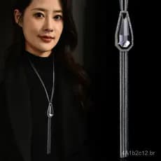 Colar de cristal estilo europeu e americano, modelo longo para mulheres, colar decorativo com franjas versátil para outo