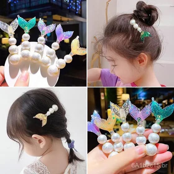 Presilha de Cabelo de Princesa Sereia para Crianças, Acessório de Cabelo Super Encantador, Presilha de Cabelo de Pérola