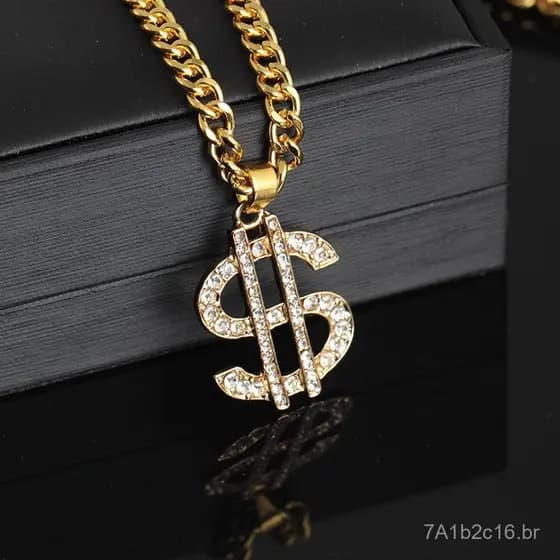 Colar de dólar cravejado de diamantes exagerado para boate de hip-hop, joia com pingente de símbolo de dólar, atacado.