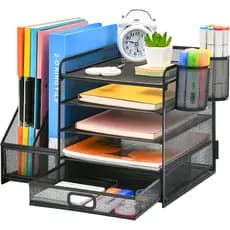 Organizador de Mesa Marbrasse com Porta-Documentos, Organizador de Papel em 5 Níveis com Gaveta e 2 Porta-Canetas, Organ