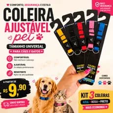 KIT 3 Coleiras Para Cachorro e Gato Ajustável Super Resistente Nylon Premium Tamanho Regulagem Universal  cores variadas