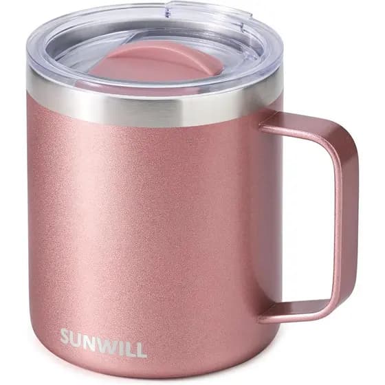 Caneca de Viagem SUNWILL com Tampa, Copo Térmico com Alça, 14 oz, Aço Inoxidável para Gelo, Água, Chá, Rosa Dourado