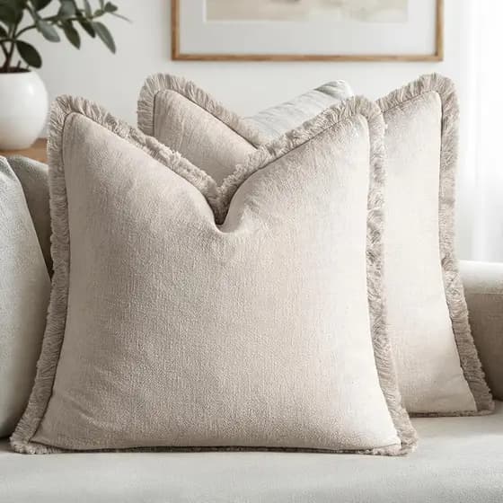 Capas de Almofadas Decorativas MIULEE em Linho Neutro com Franjas, Conjunto de 2 Almofadas em Bege Natural Estilo Boho F