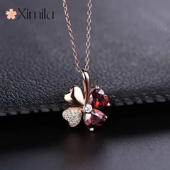 ❤ Original sorte trevo colar luxo granada pingente cristal vermelho feminino clavícula corrente jóias de prata