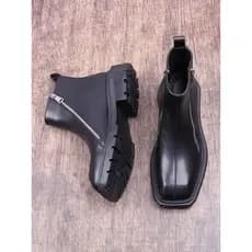 Botas Chelsea de dedo do pé quadrado homens inverno Martin botas com zíper lateral preto sapatos de couro de alta qualid