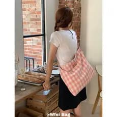 Wfei tridimensional carta xadrez pano saco de ombro menina coração xadrez Casual bolsa de lona feminina bolsa de compras