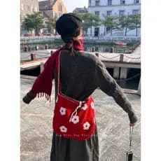 Wfei outono inverno pelúcia flor bordado grande capacidade vermelho bolsa de ombro Commuter All-Match atmosfera de natal