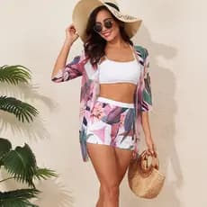 2026 Novo Estilo Europeu e Americano, Conjunto de Biquíni de Três Peças Estampado para Mulheres, Biquíni de Duas Peças d