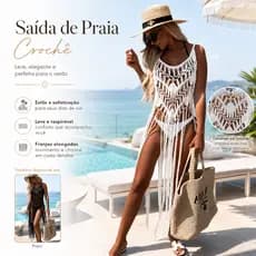 Saída de Praia Feminina de Crochê com Franjas Longas, Moda de Verão para Praia, Adequada para Praia e Piscina.