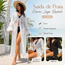 Quimono feminino longo de renda para praia, moda de verão para praia, adequado para praia e piscina.