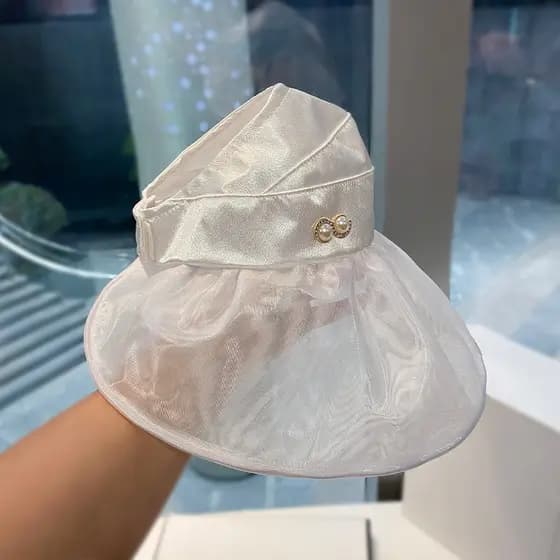 Chapéu feminino verão elegante temperamento Organza protetor solar oco chapéu superior pérola strass estilo fino costura