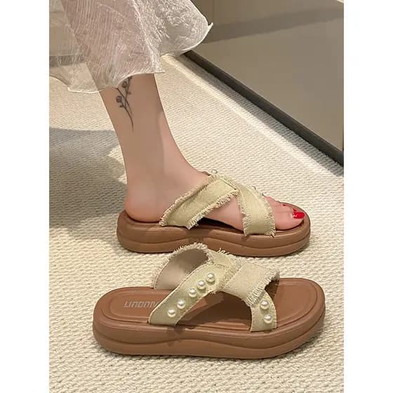 Moda pérola Flip-Flops feminino exterior Wear All-Match sandálias chinelos verão ao ar livre antiderrapante estilo de fa