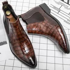 Chelsea Botas masculinas de bico fino com estampa de crocodilo, pés britânicos, couro genuíno, botas curtas retrô, botas