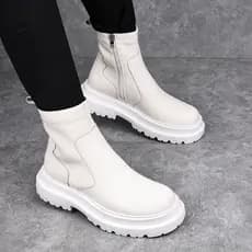 Botas Martin de couro genuíno de cano alto, estilo britânico, tubo curto, zíper lateral, botas de couro brancas, sola gr