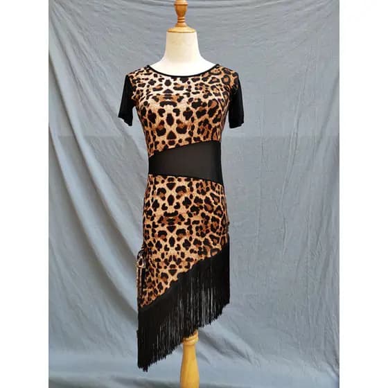 Leopardo impressão saia de dança latina adulto feminino traje vestido outono novo estilo Diagonal ombro franjas meados d
