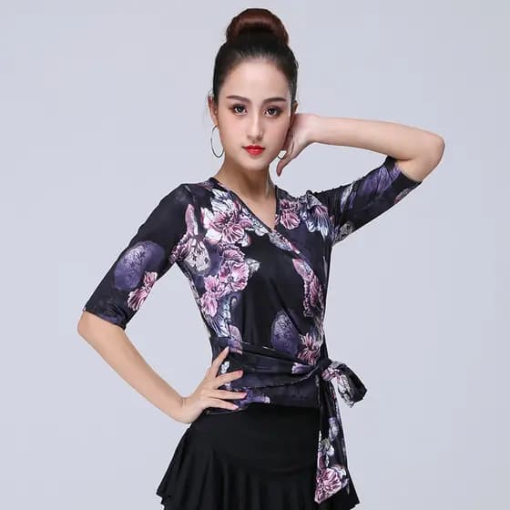 Traje de dança latina feminino adulto novo estilo com decote em V manga comprida topo outono inverno moderno padrão naci