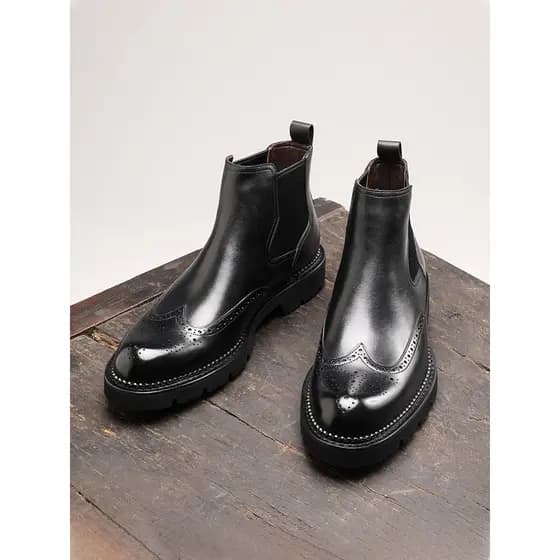 Botas curtas masculinas casuais de couro genuíno, botas britânicas de sola grossa Brock Chelsea Botas masculinas de lã d