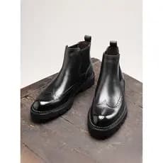Botas curtas masculinas casuais de couro genuíno, botas britânicas de sola grossa Brock Chelsea Botas masculinas de lã d