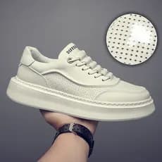 Primeira camada de couro branco sapatos masculinos tênis de couro genuíno versão coreana All-Match respirável oco perfur