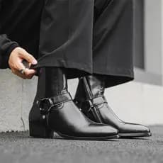 Moda britânica masculina Mid-high-Top sapatos de couro fivela de salto alto apontou zíper palco desempenho boate cabelei