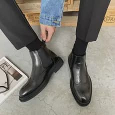 Sapatos de couro de cano médio masculino britânico, capa de dedo apontado, chuteira esculpida, Chelsea, botas curtas, sa