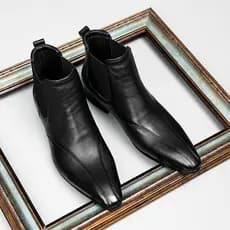 Chelsea botas masculinas dedo do pé apontado deslizamento em couro Martin botas de couro genuíno botas curtas masculinas