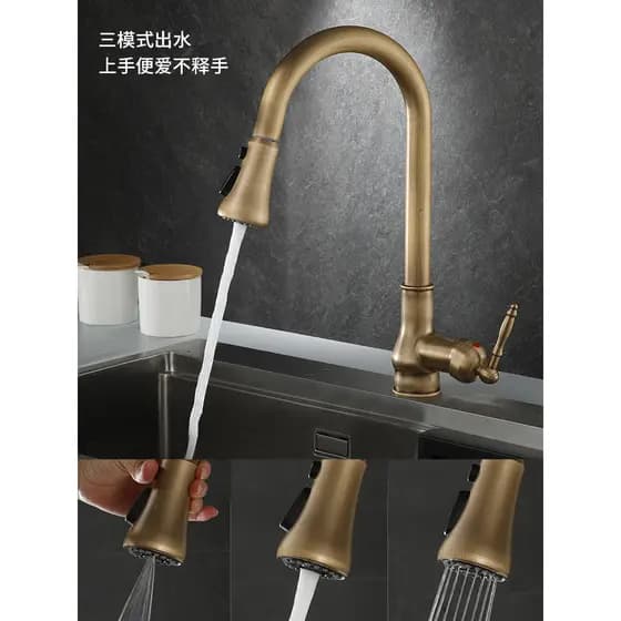 Estilo Medieval todo cobre antigo torneira da cozinha Pull-out quente e frio lavatório Retro pia retrátil à prova de res