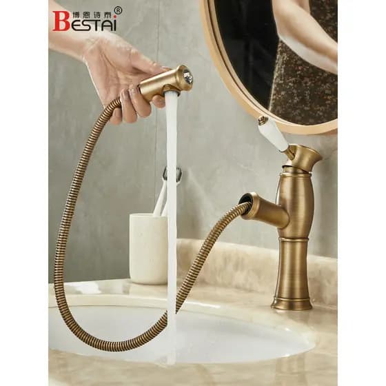 Torneira Pull-out lavatório quente e frio estilo europeu banheiro antigo lavatório torneira retrátil