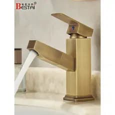 Todo o cobre antigo Pull-out torneira da bacia quente e frio lavatório do banheiro bancada Retro simples