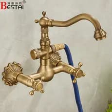 Francês Retro todo cobre na parede torneira quente e frio lavatório duplo buraco lavatório parede antigo banheira cozinh