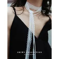Zhiwu ~ Primavera verão clavícula pescoço cinta em camadas Design renda Streamer estreito longo cachecol pescoço cinta g