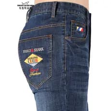 Calças de brim de verão masculinas soltas retas finas calças masculinas Bruce Shark Street Wear bordado calças masculina