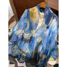 Estilo pintura a óleo céu estrelado pescoço cachecol feminino primavera outono verão elegante longo xale lenço de seda p