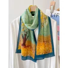 Pintura a óleo verde Crepe duplo 100% seda Hangzhou lenço de seda amoreira lenço de seda senhoras xale primavera outono