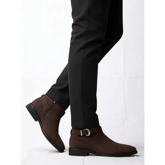 Botas curtas Chelsea de couro de camurça masculina britânica, zíper lateral, fivela de Metal, decoração, além de veludo,