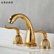 Torneira de três furos estilo europeu, alça dupla, banheiro, dourado, lavagem à mão, quente e fria, dividida, todo em co