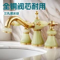 Latão dourado estilo europeu Jade Natural quente e frio três buracos torneira da bacia antigo armário do banheiro prato