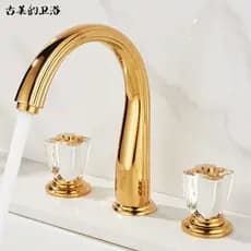Francês todo cobre banheiro ouro três furos bacia quente e fria torneira do lavatório do toalete cristal dividido